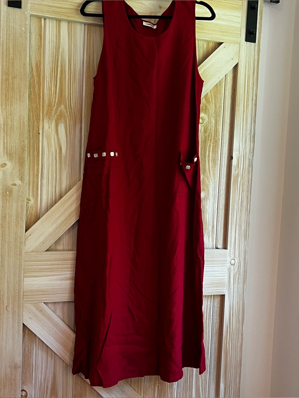 Vintage Talbots Red Linen Rayon Maxi Dress Cottagecore 90s Pinafore Pocket Dress - Picture 8 of 9